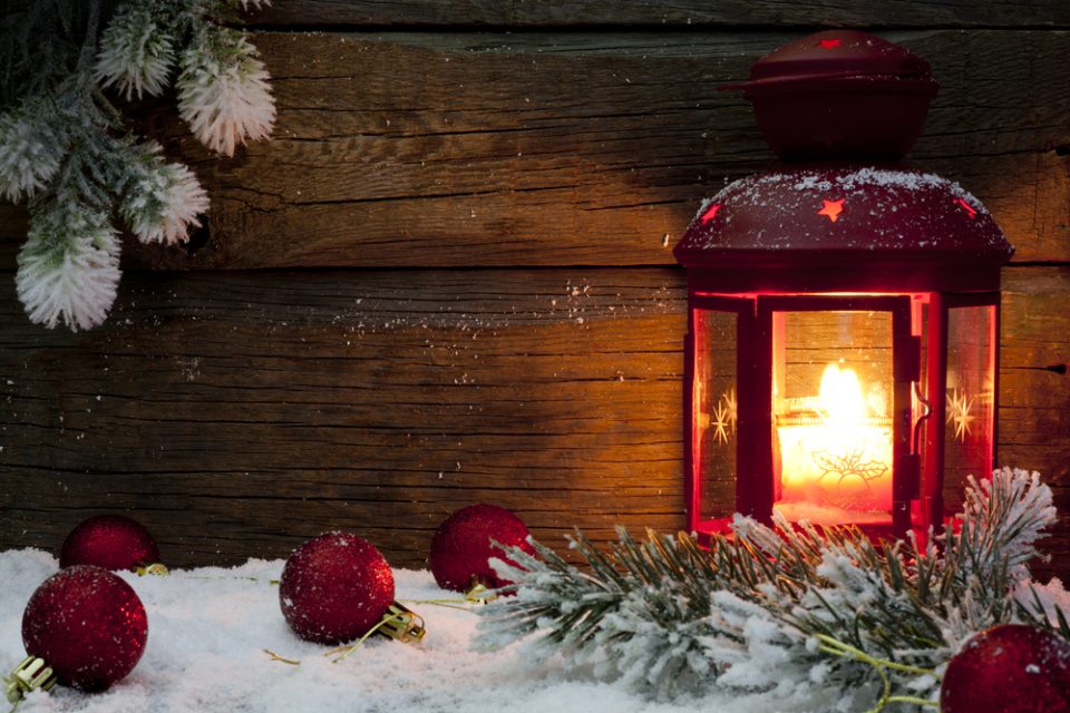 Christmas,Lantern,With,Baubles,Fir,And,Snow,On,Vintage,Wooden